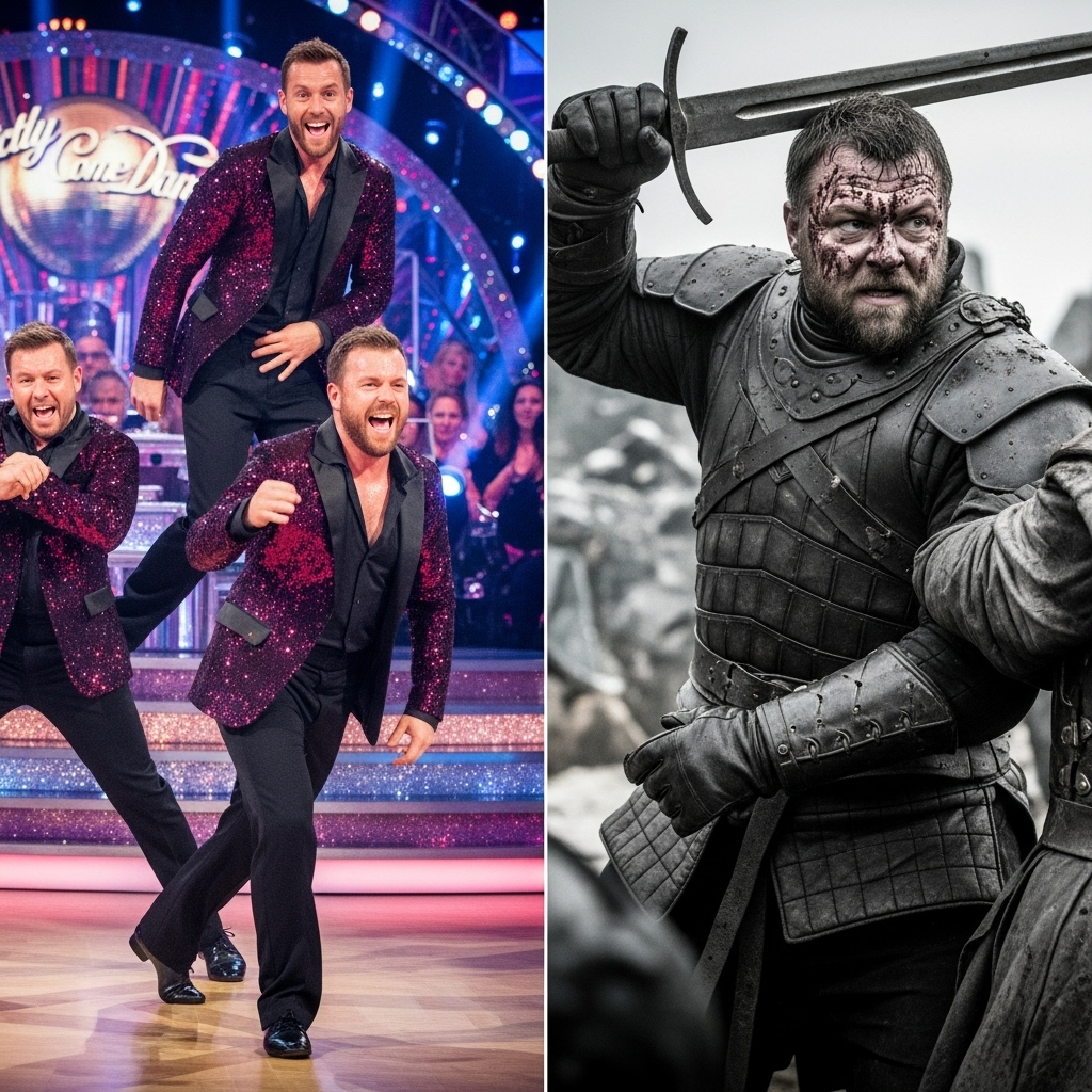 A montage of the Game of Thrones actor performing various dance styles on Strictly, showcasing his initial enthusiasm and growing skill, juxtaposed with a scene from Game of Thrones where he exhibits strength and resilience.