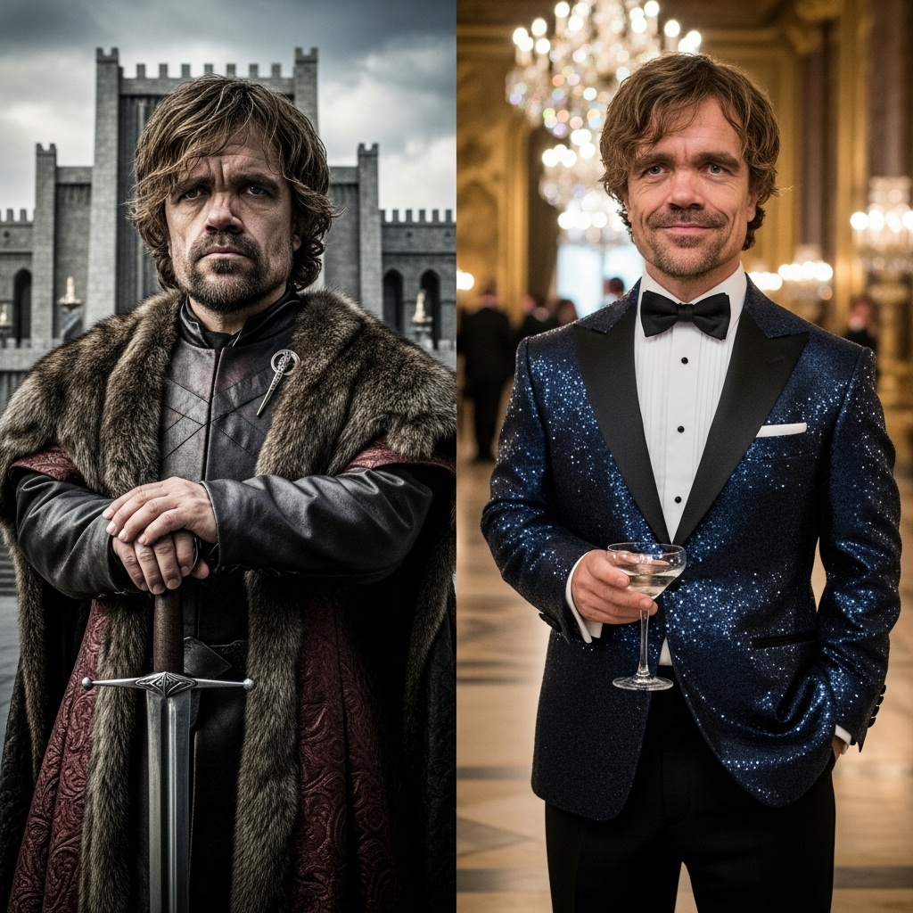 An image showing the Game of Thrones actor in his iconic costume from the show, contrasted with a photo of him in sparkling ballroom attire, looking more at ease.