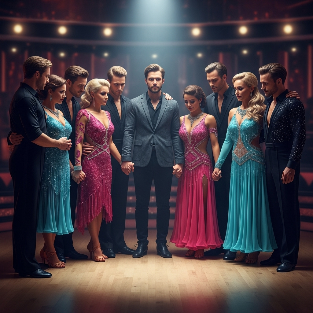 A picture of the remaining Strictly Come Dancing contestants looking somber and supportive, with a spotlight on the empty space where the Game of Thrones actor would have been.