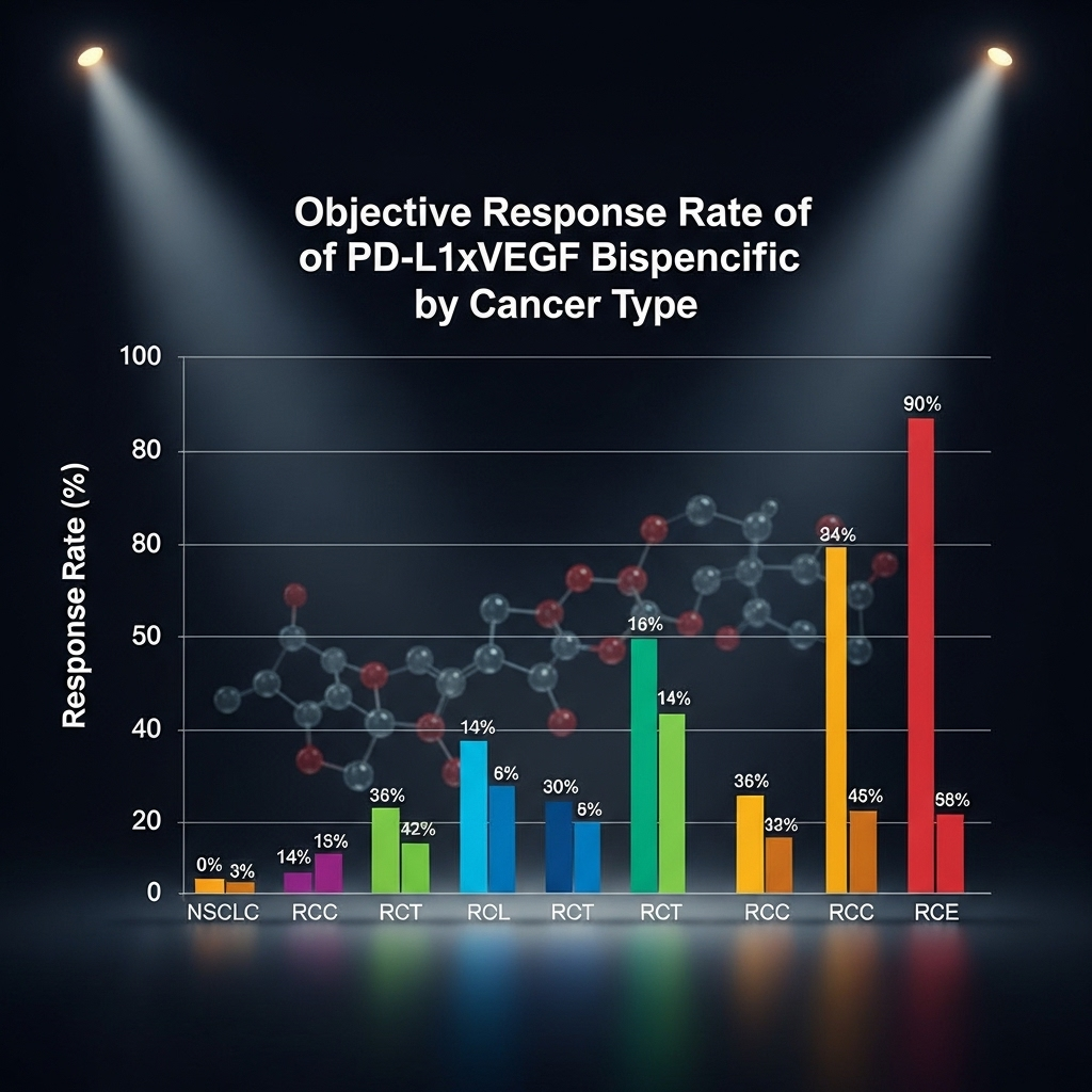 PD-L1xVEGF Bispecific: 1st Global Data from BioNTech/BMS 3 A bar graph showing the objective response rate for the pd-l1xvegf bispecific in different cancer types like NSCLC and RCC.