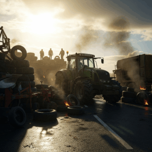 a barricade of tires and farm equipment during the block everything protests in france 0