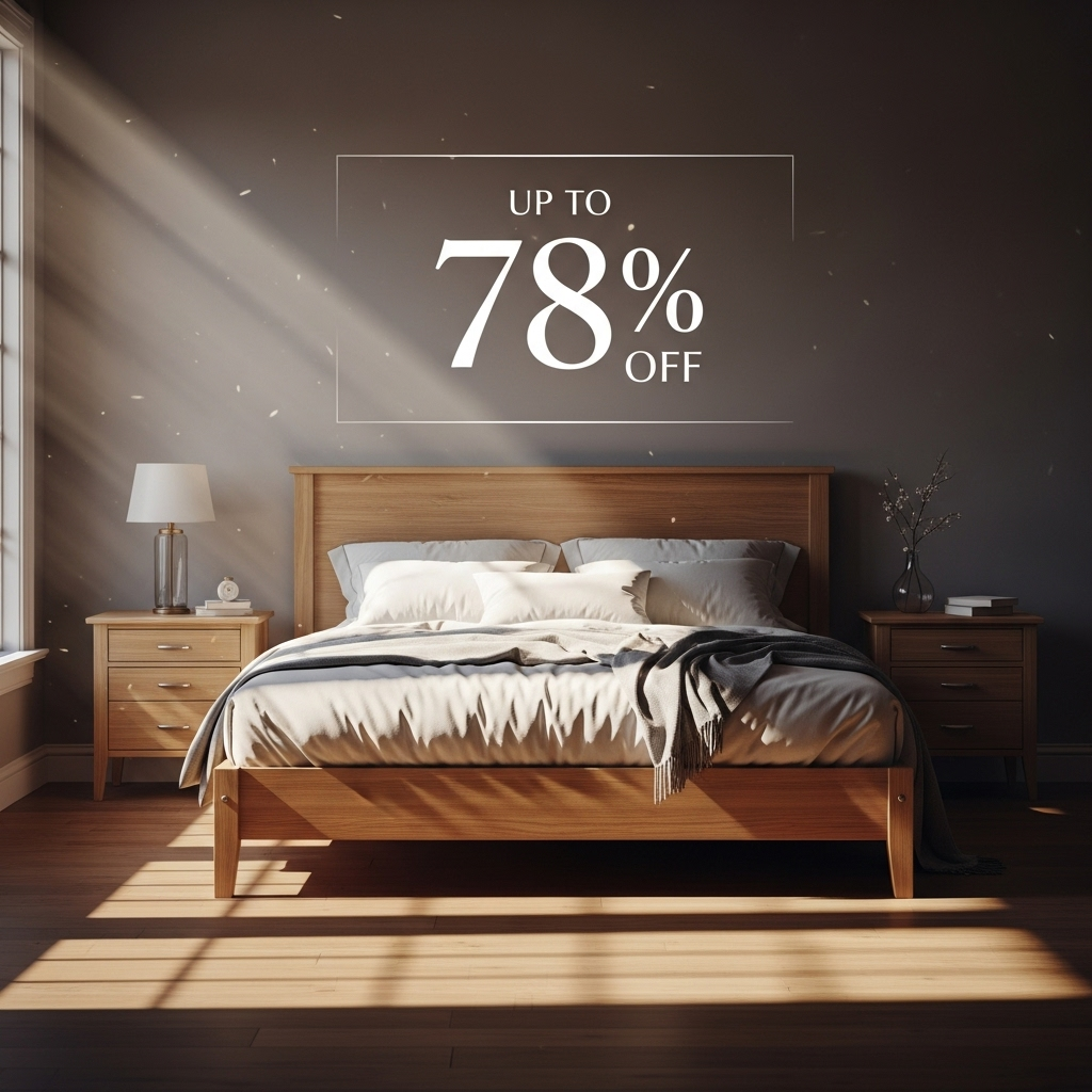 up to 78% Off: Wayfair's 48-Hour Sale on Furniture 3 A beautifully arranged bedroom with a wooden bed frame and matching nightstands showing the potential savings of up to 78% off.