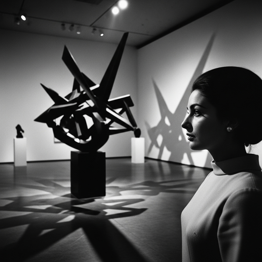 Storied Collector Barbara Jakobson, MoMA Icon, Dies at 92 2 A black and white photo of a young Barbara Jakobson, a storied collector, viewing an abstract sculpture in a gallery.