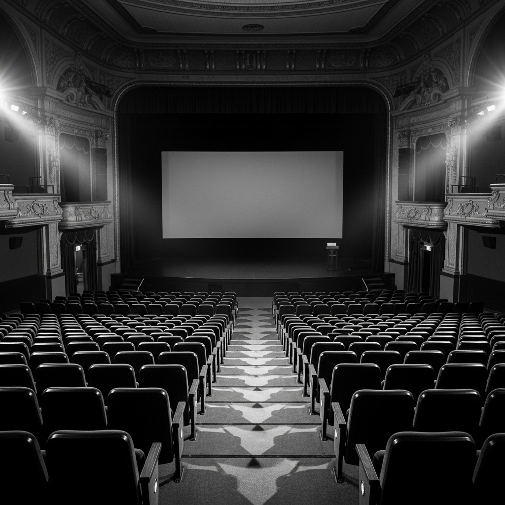 Vow Boycott: 1,300+ Artists Shun Israeli Film Groups 3 A black and white photo of an empty cinema, representing the vow boycott's impact on film festivals.