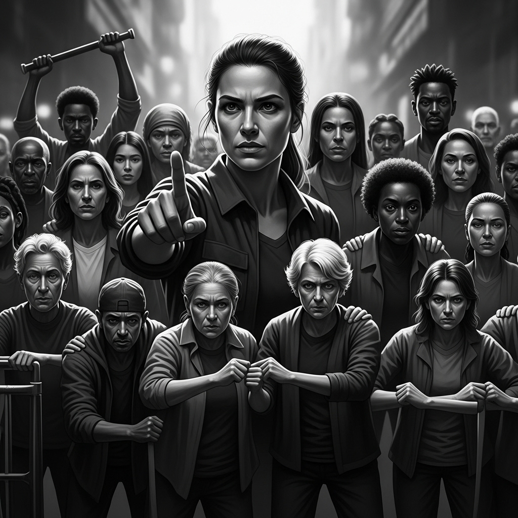 Incredible Strength: 1 Pastor on an Activist's Legacy 2 A black and white photo showing a diverse group of community members, led by a determined woman, showcasing their collective incredible strength.