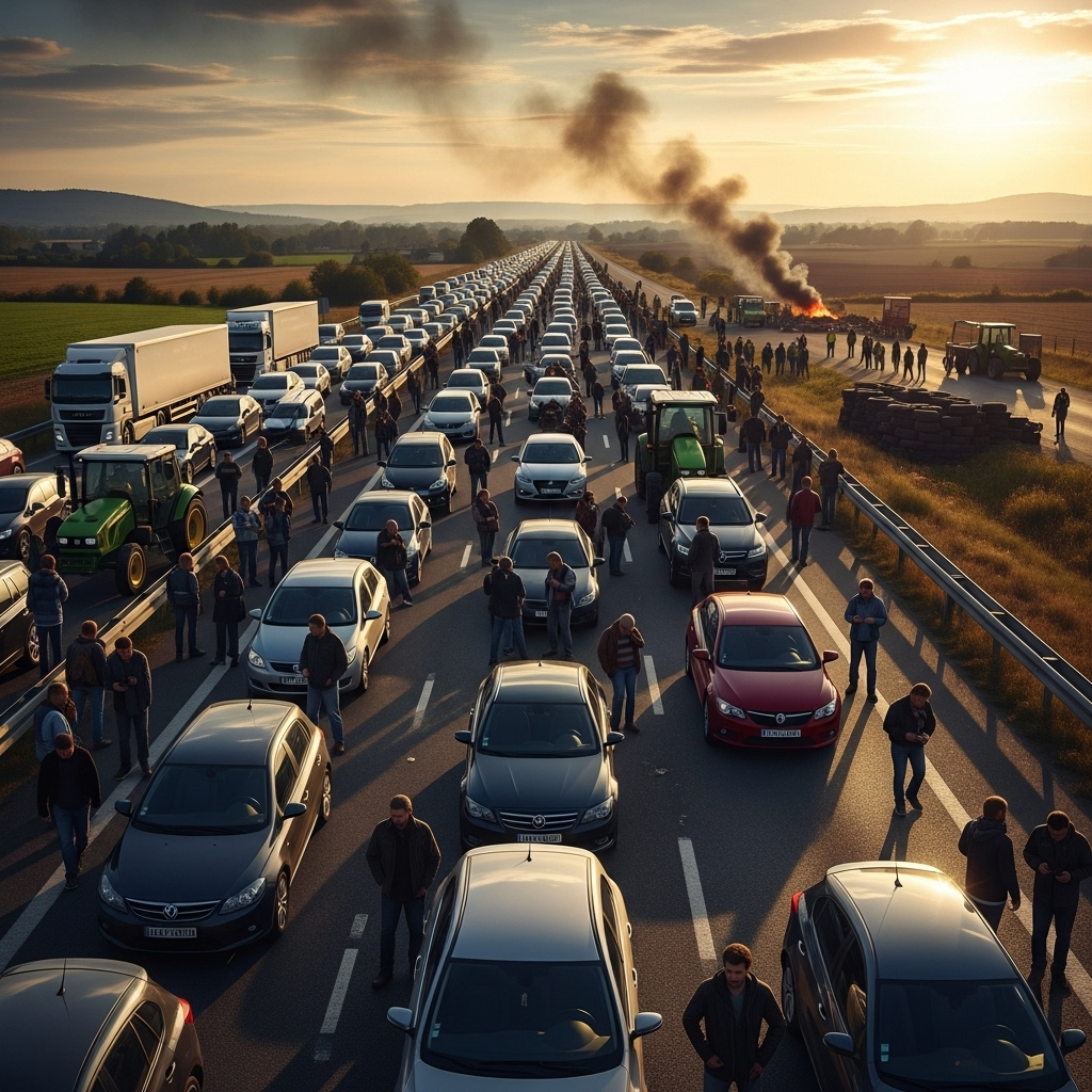 'block everything' protests: French Police Arrest 100s 2 A blocked highway during the French 'block everything' protests, showing long lines of stopped traffic and frustrated motorists.