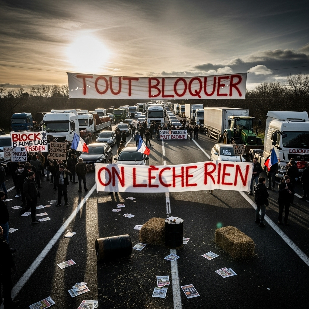 'Block everything' protests: Over 100 arrested in France 3 A blocked highway in France with activists holding banners related to the 'block everything' protests.