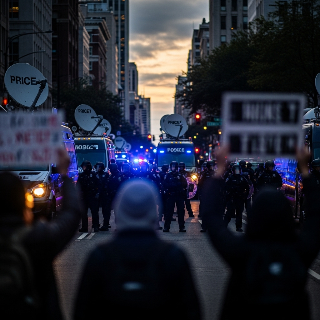 2 men arrested by FBI for attacking FOX news vehicle 4 A blurred photo of a protest scene with police and news vans in the background.