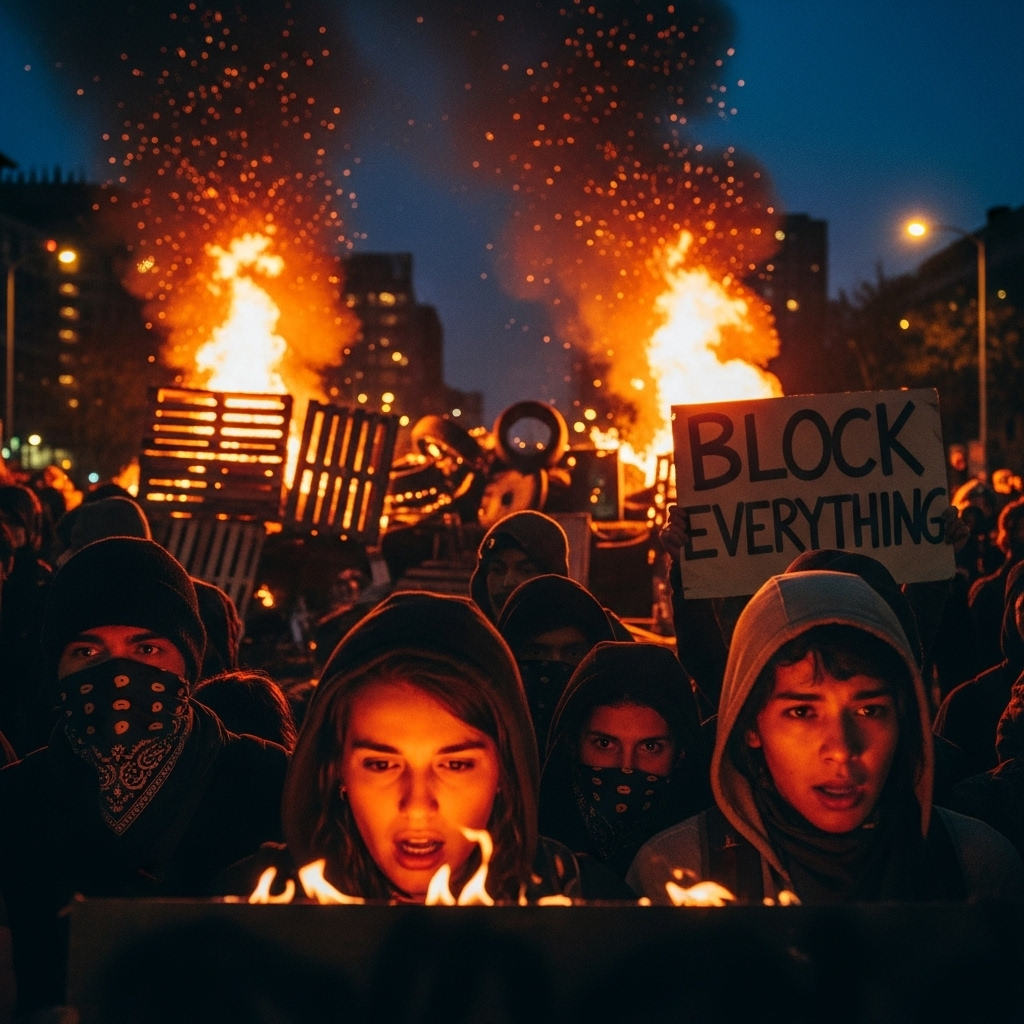 'Block Everything' protests: Over 200 arrested in France 4 A burning barricade at night, illuminating the faces of demonstrators at the 'block everything' protests.
