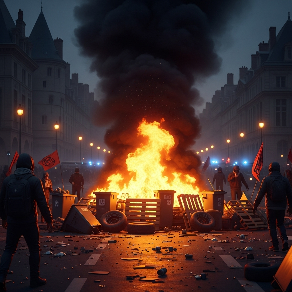 'Block Everything' Protests: Hundreds Arrested in France 3 A burning barricade illuminates a street during the chaotic 'block everything' protests in France.