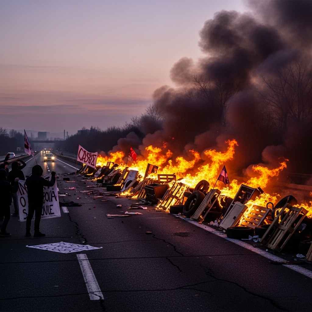 'Block everything' protests: Over 200 arrested in France 3 A burning barricade on a French highway, a hallmark of the 'block everything' protests.