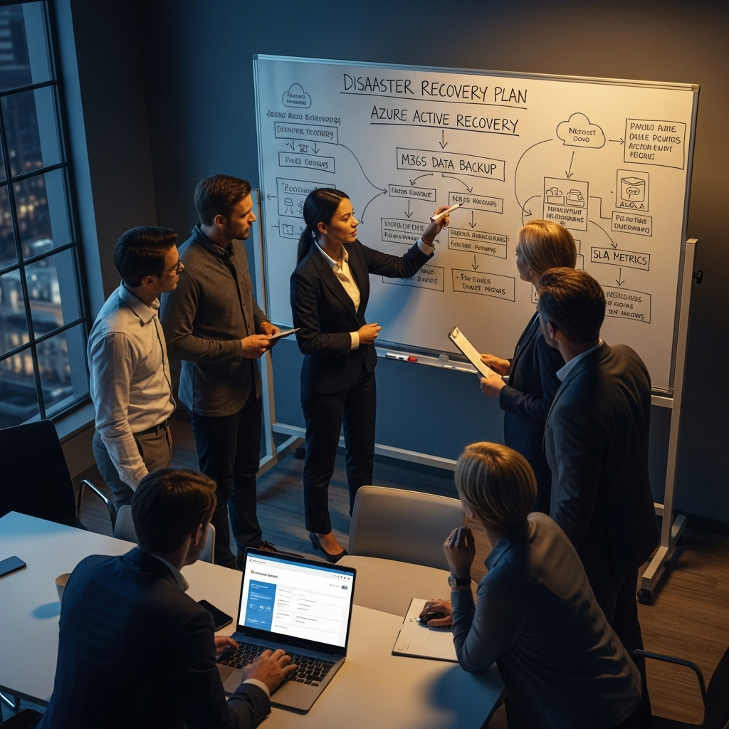 Microsoft cloud services: 4 cables cut, causing outage 1 A business team reviewing their disaster recovery plan for microsoft cloud services on a whiteboard.