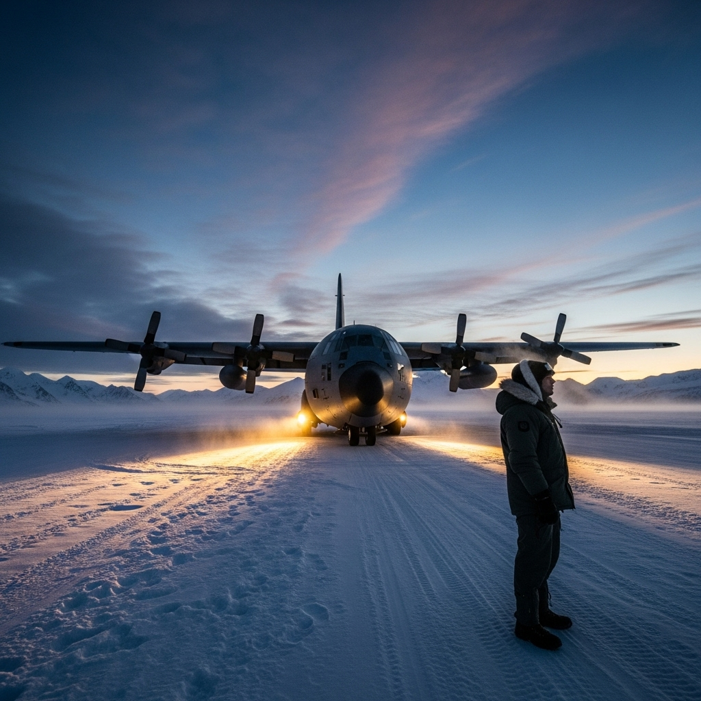 US Pilot Freed After 45 Days at Antarctic Air Base 2 A C-130 Hercules aircraft on the ice runway at McMurdo Station, where the US pilot was stranded.