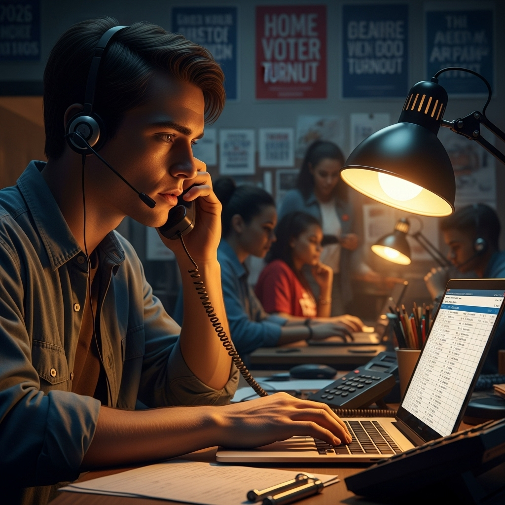 2026 Turnout: Vance Issues Warning for Midterm Elections 4 A campaign volunteer making phone calls to encourage a higher 2026 turnout for the midterm elections.