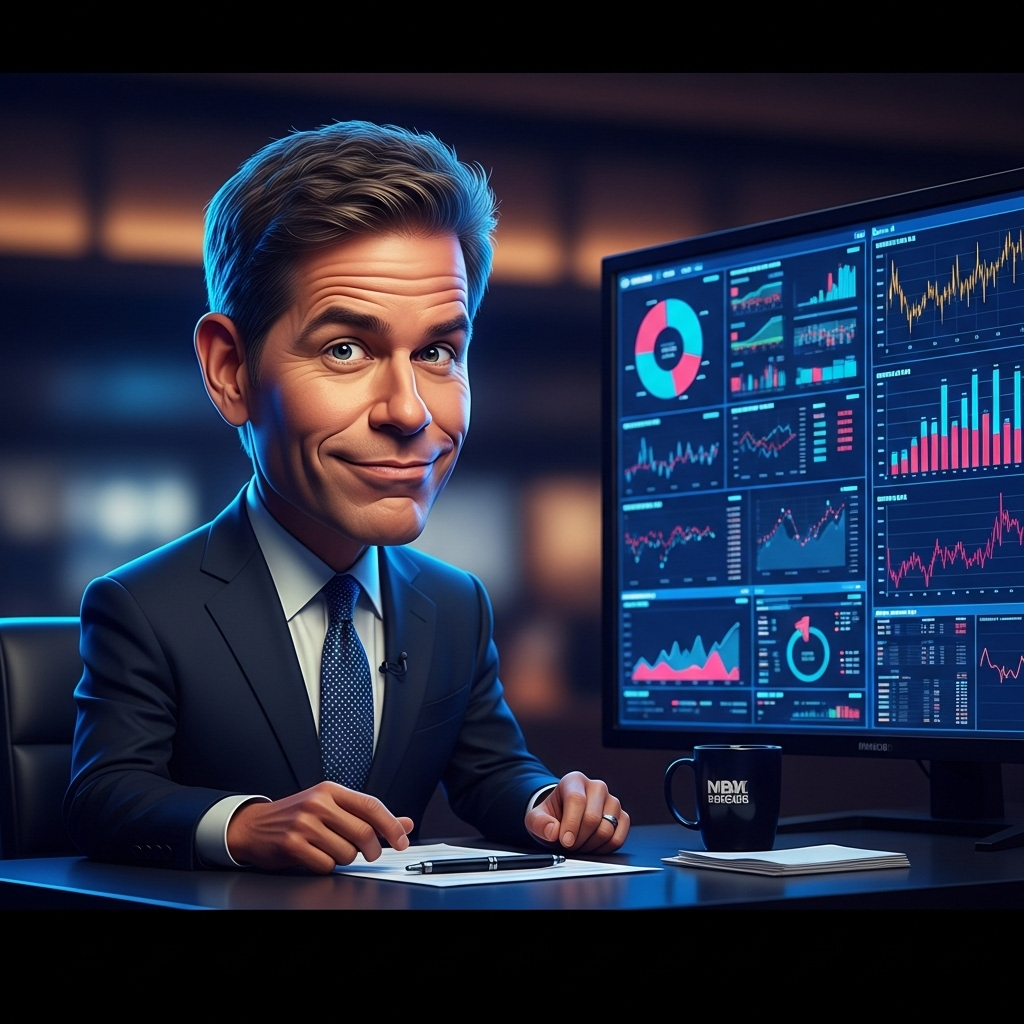Greg Gutfeld: 1 Take on Trump's 'Funny' Problem Solving 2 A caricature of Greg Gutfeld with a smirk, analyzing political charts on a screen.