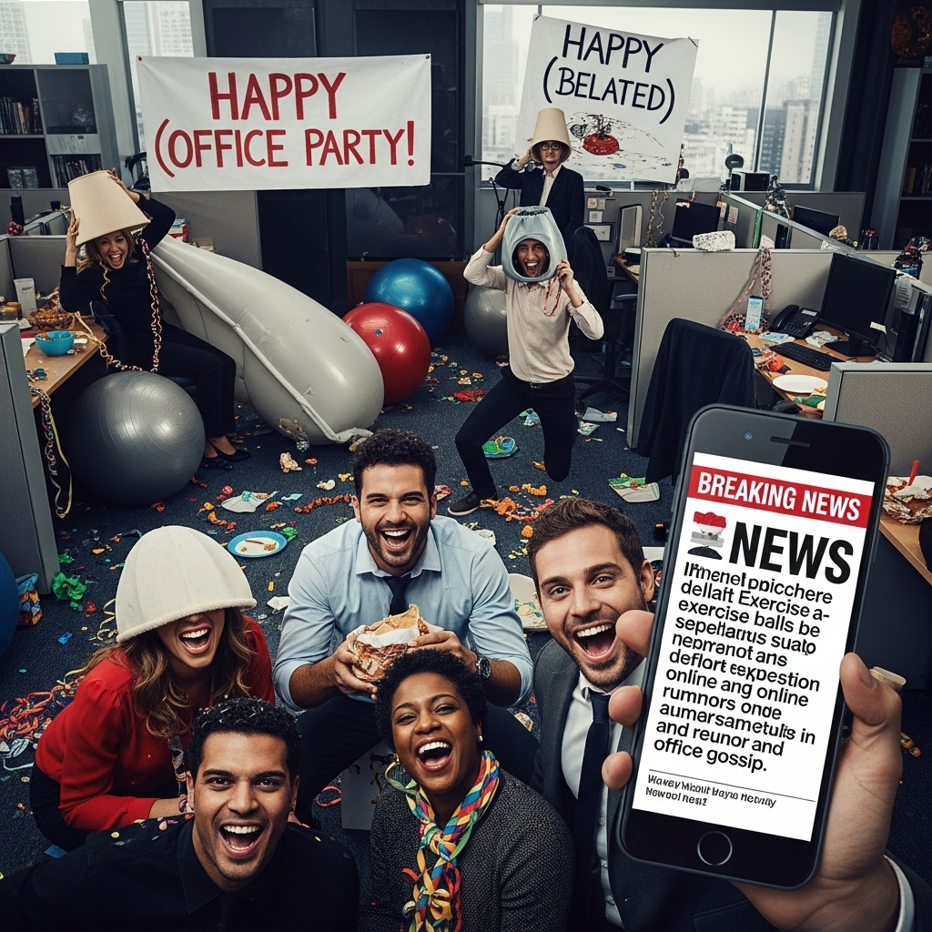 Online Rumors: 1 Woman Fights Back After HR Ball Mix-Up 2 A chaotic but funny office party scene with deflated exercise balls, the source of damaging online rumors.