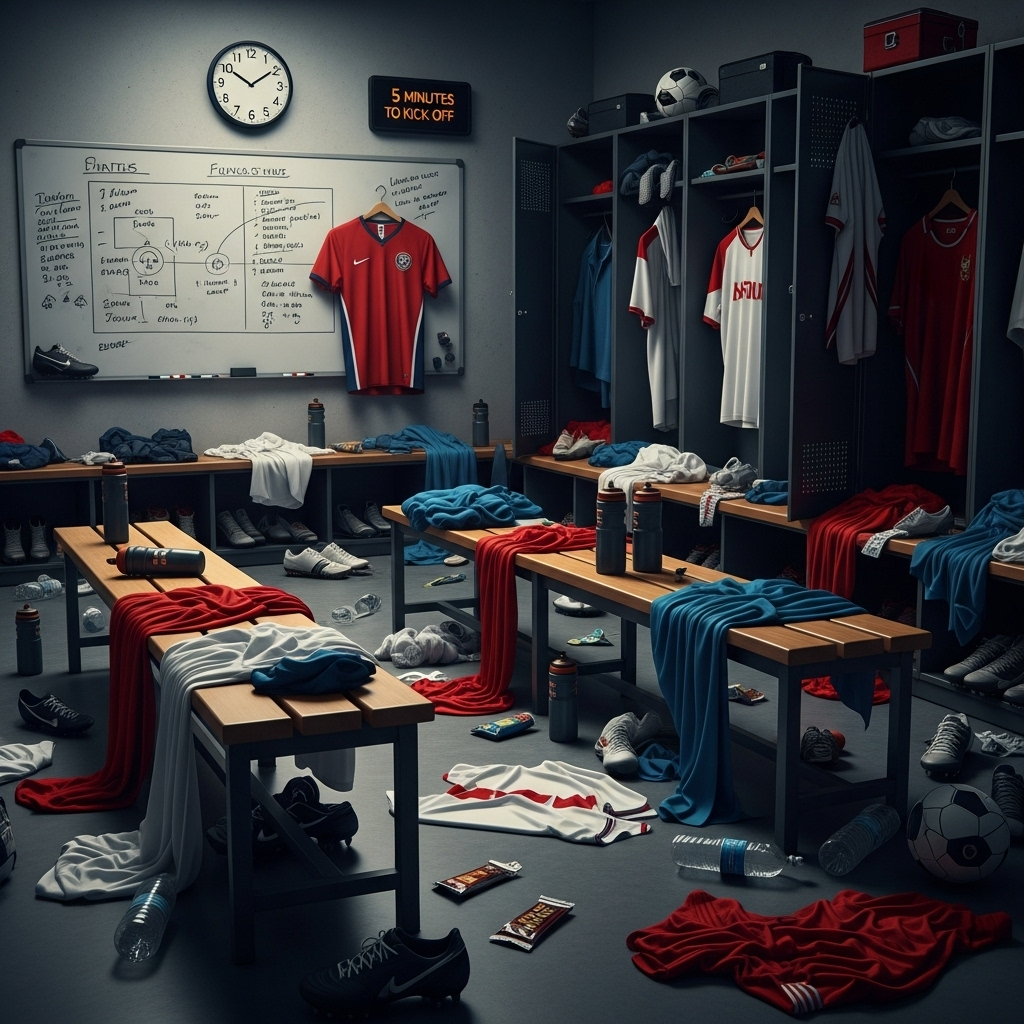 Sports Shop Saves Man Utd's 11 Players Before Kick-Off 2 A chaotic dressing room with football kits strewn about, illustrating the pre-match crisis before the sports shop stepped in.
