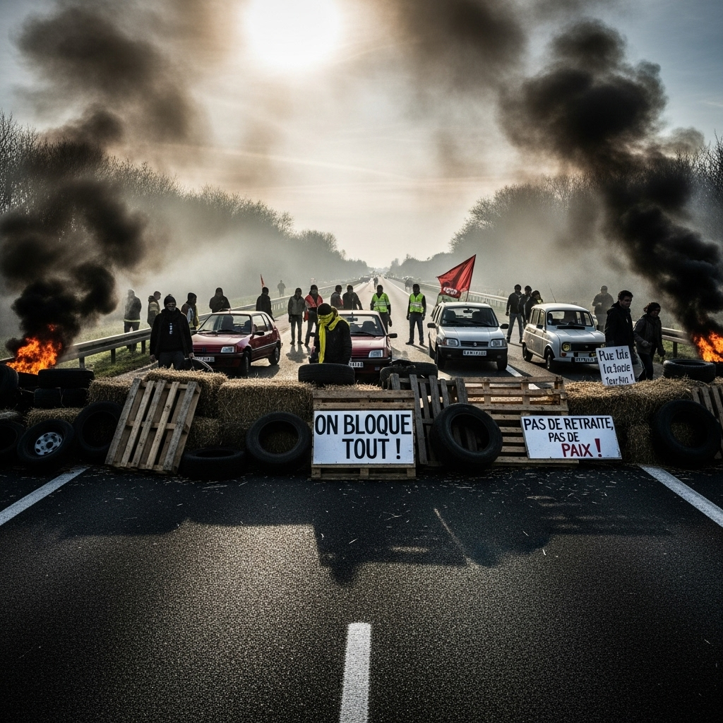'block everything' protests: France sees hundreds arrested 2 A chaotic scene from the 'block everything' protests with a barricade on a French highway.