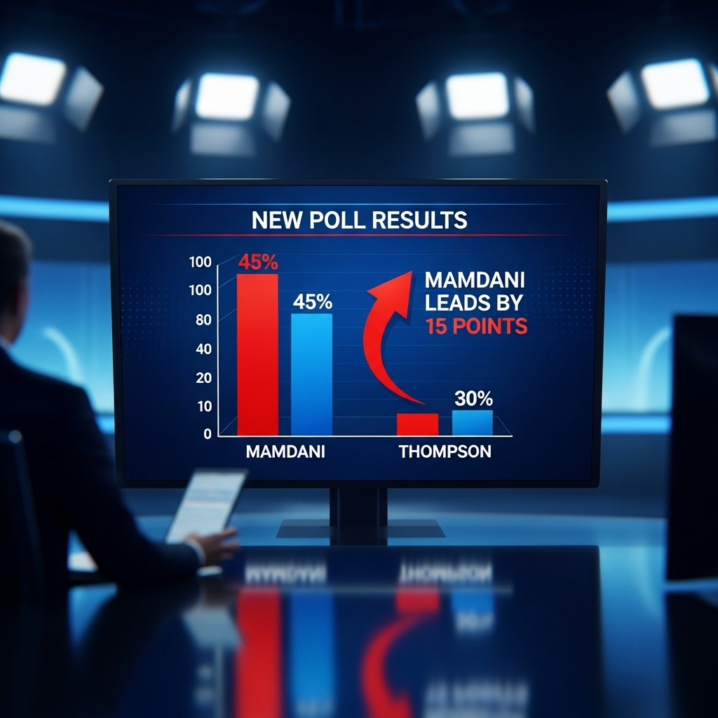New Polls: Mamdani's 15-Point Lead Weeks From Election 2 A chart graphic from the new polls showing Mamdani with a 15-point lead over Thompson.