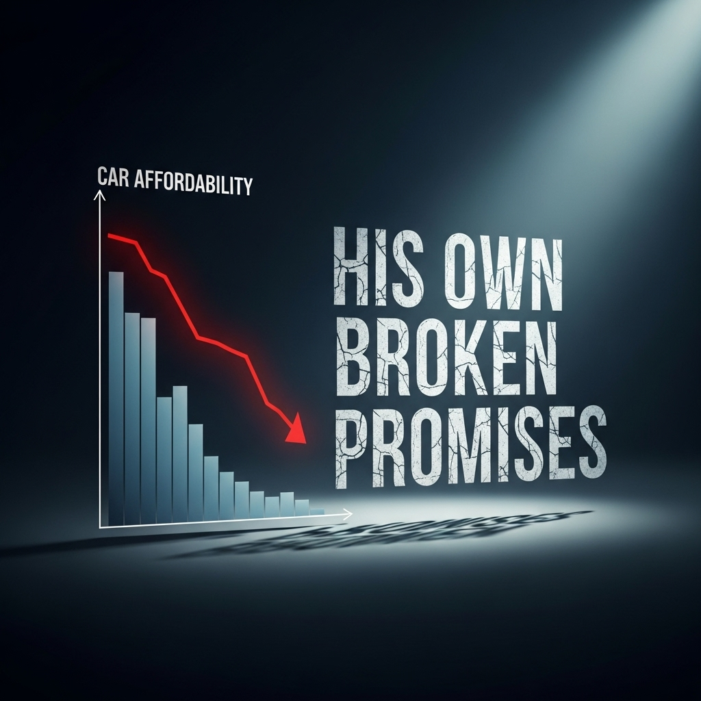 his own broken promises: 5 ways Musk's $1T pay fails 3 A chart showing falling car affordability next to the text his own broken promises.