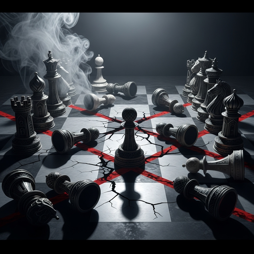 Red Lines: 4 Geopolitical Shifts After Israel's Doha Strike 4 A chessboard with Middle Eastern pieces in disarray, showing how Iran exploits the chaos after red lines were crossed.