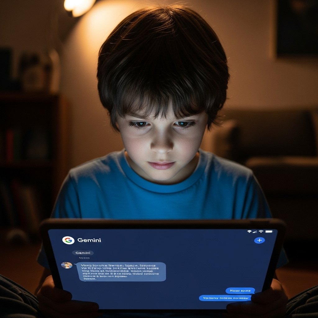 Google Gemini's #1 Risk: New Safety Report for Kids 3 A child looking at a tablet screen displaying a Google Gemini chat interface.