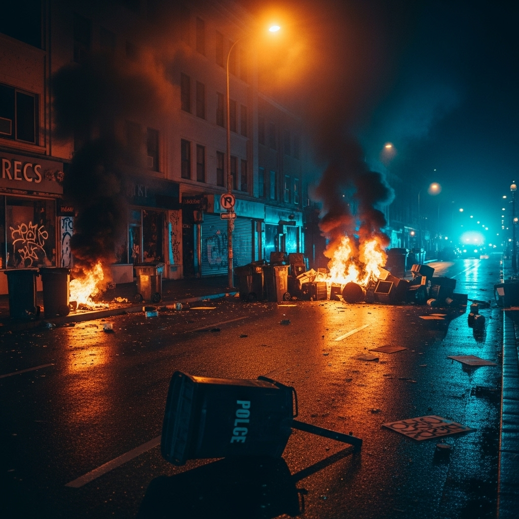 Protest Violence: Tom Homan's 2-Pronged Plan for Order 2 A city street at night showing the aftermath of protest violence with smoke and debris.