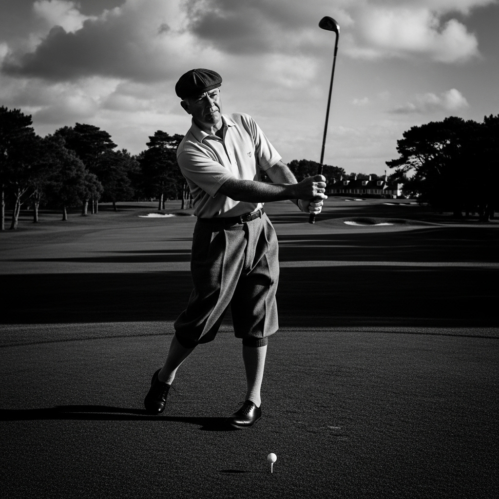 Golf Legend Slams 2 Sides Amid Disgusting Rhetoric 2 A classic black and white photo of golf legend Sir Alistair Finch teeing off in his prime.