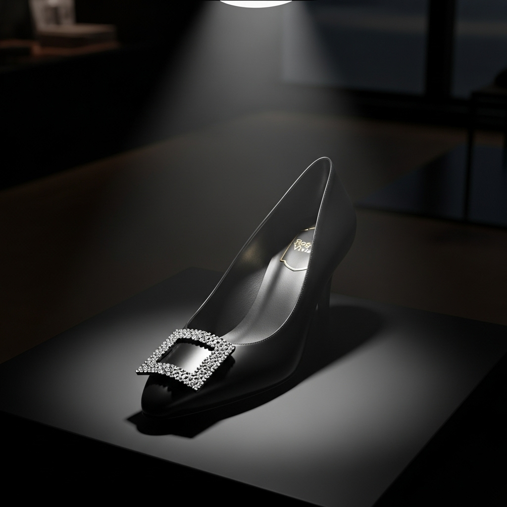a classic black roger vivier buckle pump on a pedestal showcasing its timeless design 0