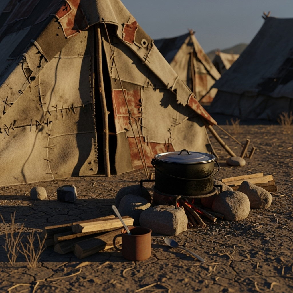 First Photos: See Where Bushman Hid 3 Kids in NZ Bush 3 A close-up from the first photos of the makeshift camp, showing a weathered tent and basic cooking supplies.
