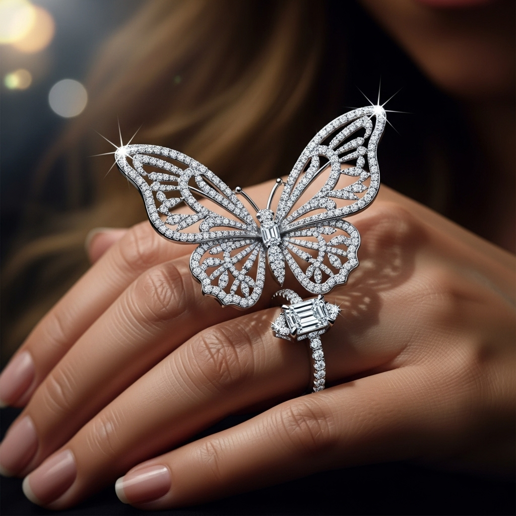 $10 million worth of diamonds on Mariah Carey at VMAs 2025 3 A close-up illustration of the custom butterfly ring, part of the $10 million worth collection worn by Mariah Carey.