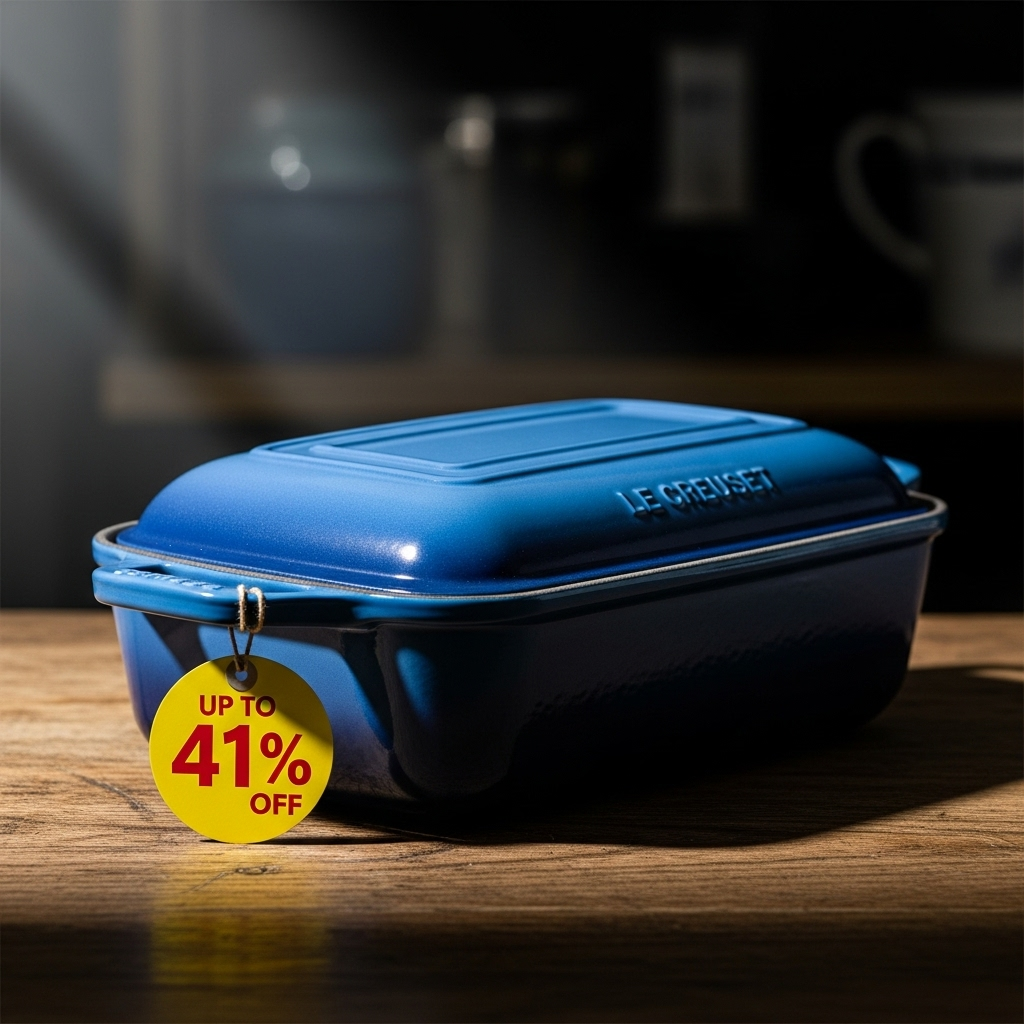 Up to 41% Off Le Creuset's New Heritage Collection 3 A close-up of a blue Le Creuset Heritage loaf pan, which is on sale for up to 41% off.
