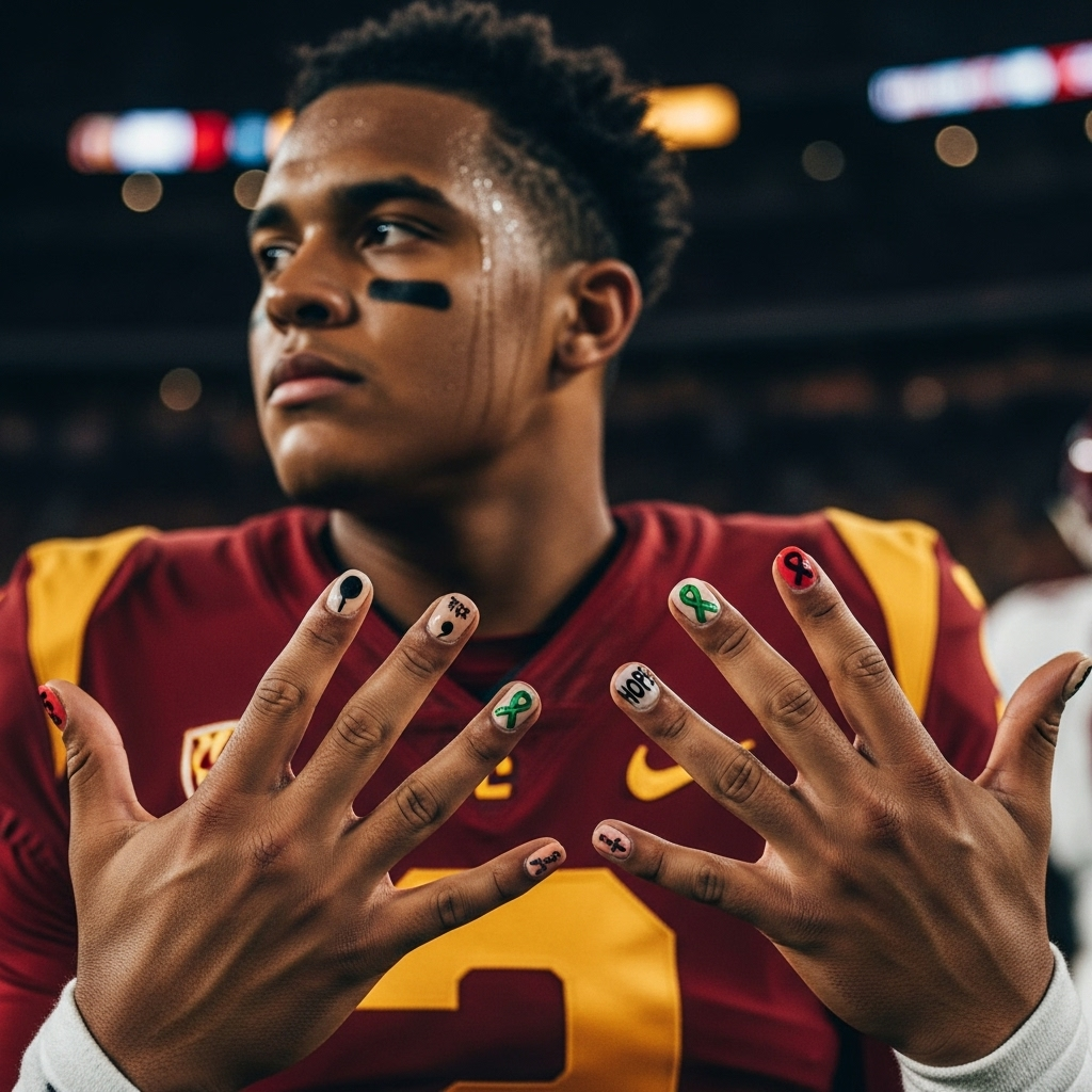 Spotlight Suicide Prevention: Caleb Williams's 988 Nails 2 A close-up of Caleb Williams on the football field where you can see his painted nails helping to spotlight suicide prevention.