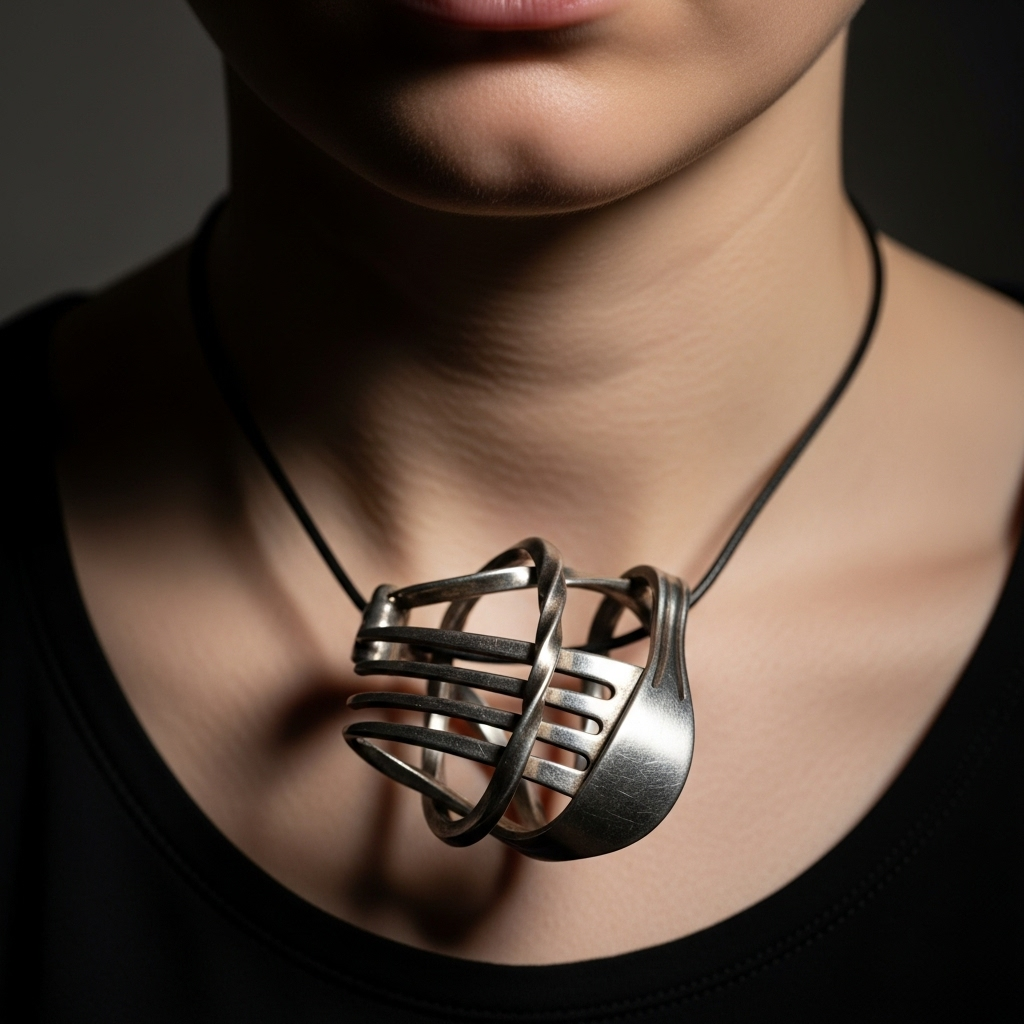 Slightly Demented Designs: 7 Wild Looks from NYFW 4 A close-up shot of a model wearing a necklace made of a twisted fork, showcasing the slightly demented designs that focus on repurposed materials.