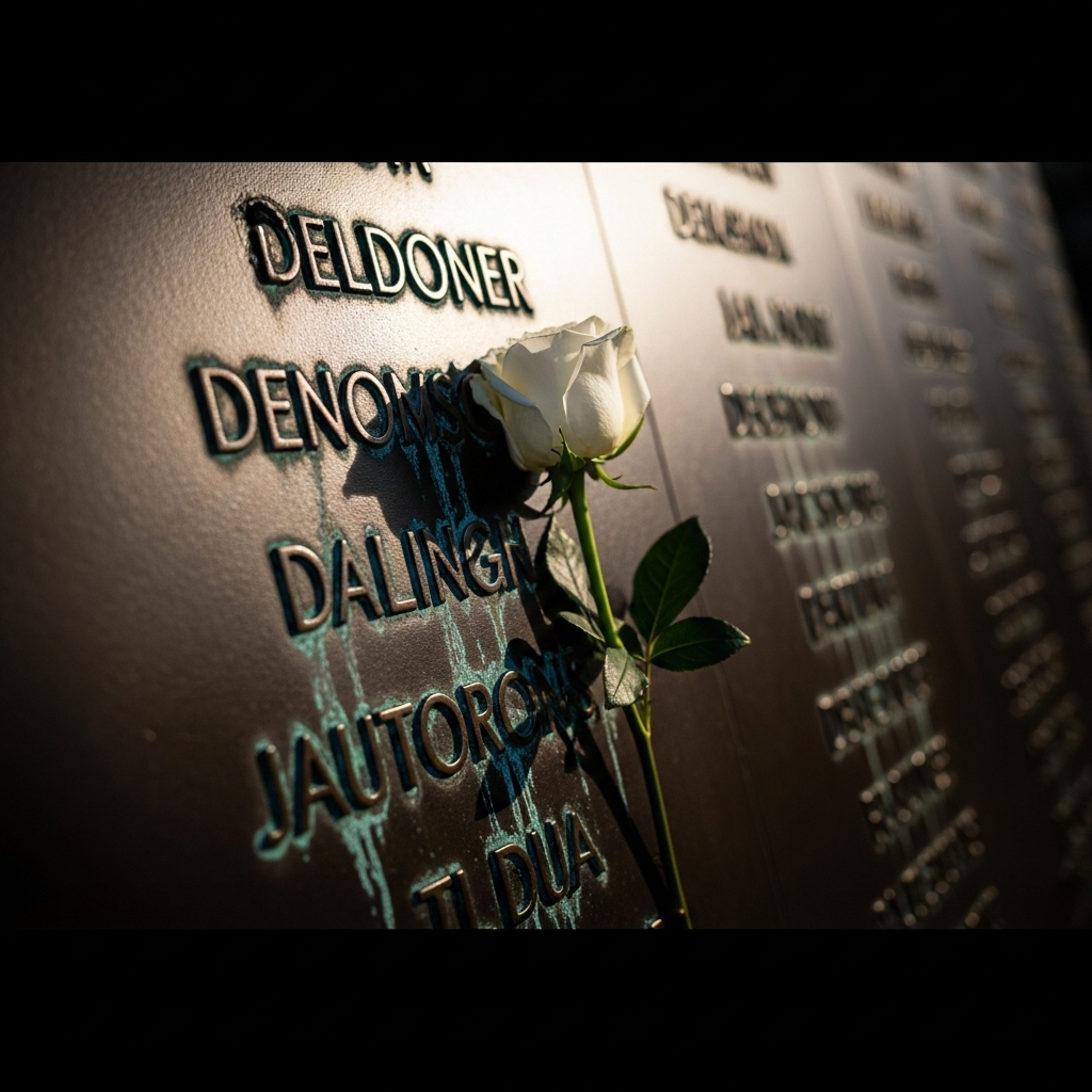 Ground Zero: Remembering the 2,977 Lives Lost on 9/11 4 A close-up shot of the names etched into the bronze memorial at ground zero, with a white rose placed in one of the names.
