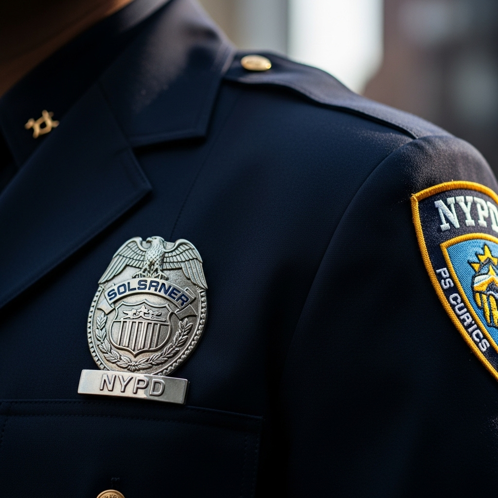 NYPD Officer Slashed in Face with 14-Inch Blade by Man 3 A close-up view of an NYPD officer's uniform and badge.