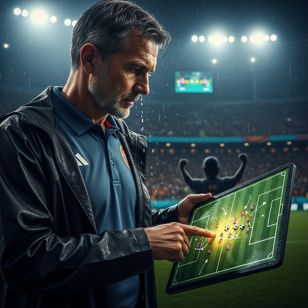 WC Glory: 3 Reasons Tuchel's Long Throw Plan Could Work 2 A coach on the sideline with a tactical board, planning his team's path to wc glory.