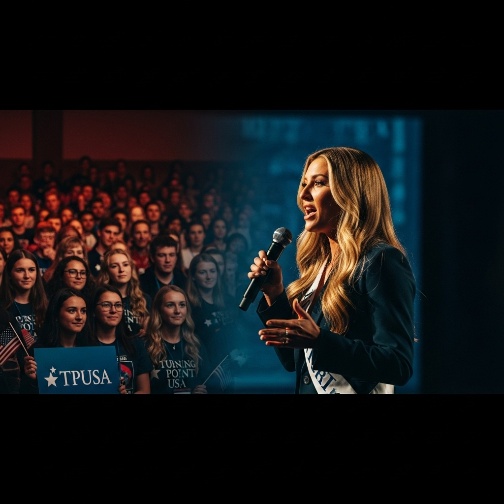 Demi Tebow: 2 Reasons She Praises Charlie Kirk's Legacy 3 A collage featuring an image of Demi Tebow and a crowd of young students at a Turning Point USA event.