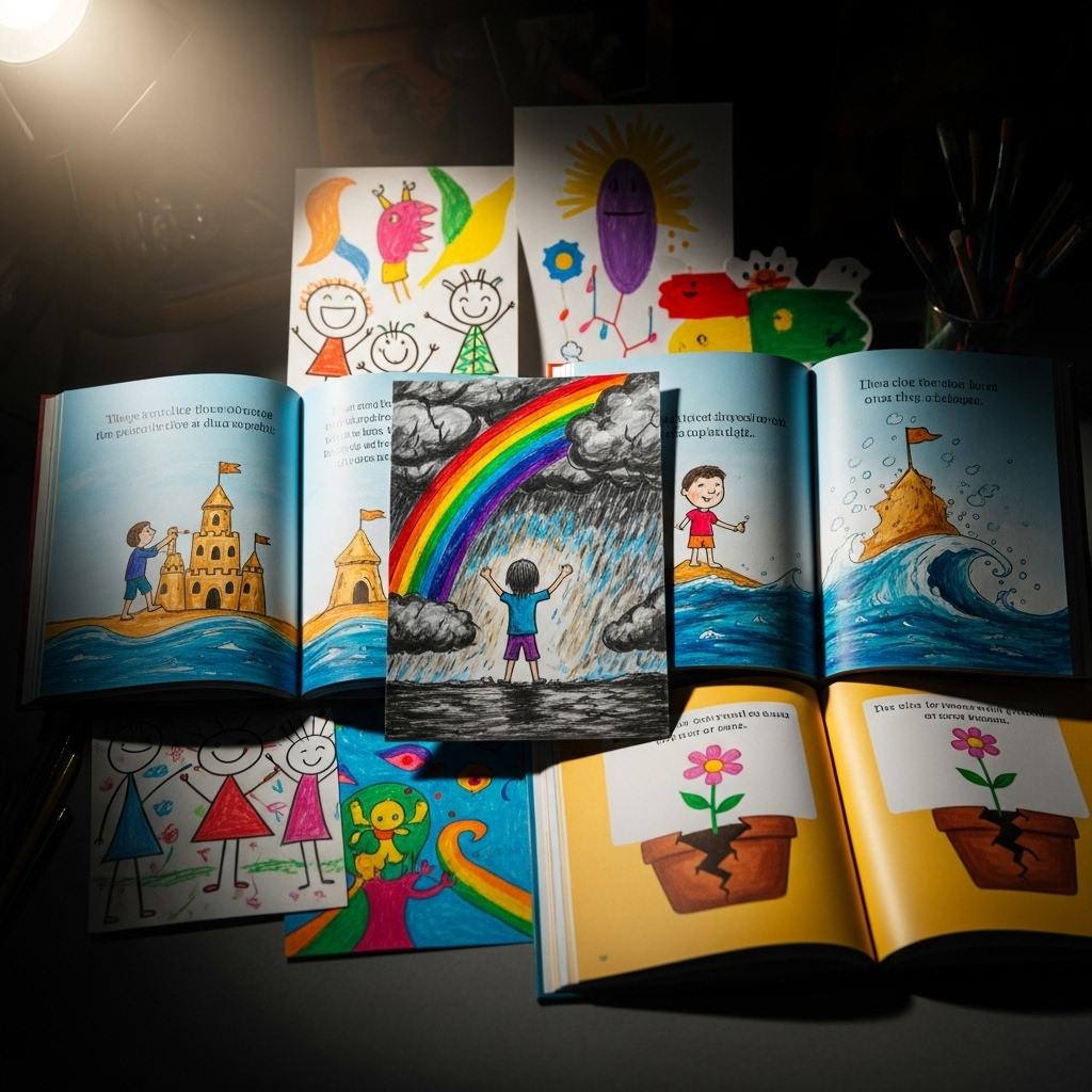 Children's Resilience: Harry Shares 5 Inspiring Stories 3 A collage of colorful drawings and books showcasing the creative outlet that demonstrates children's resilience.