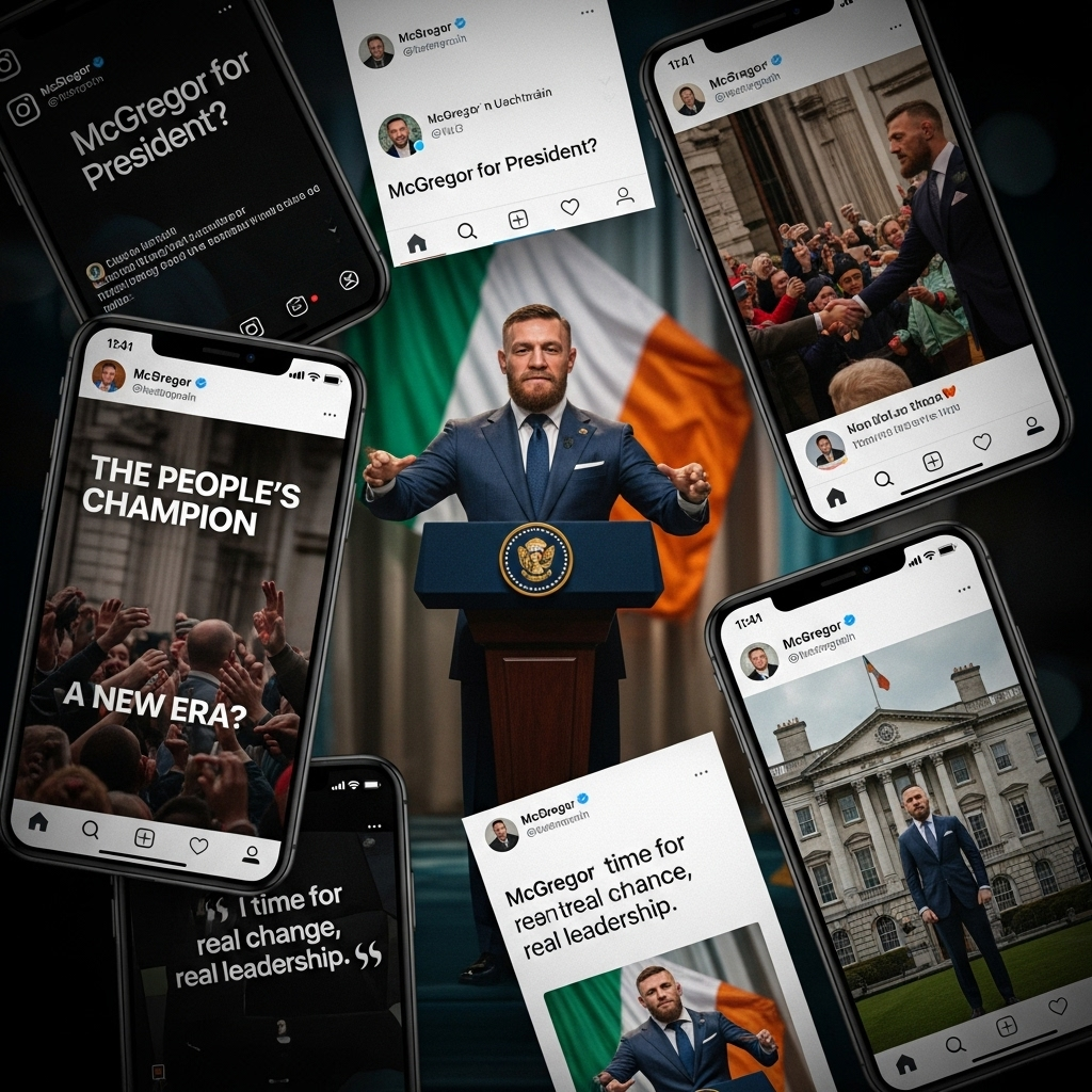 irish president: Conor McGregor Ends 2024 Campaign Bid 3 A collage of Conor McGregor's social media posts hinting at his presidential ambitions.