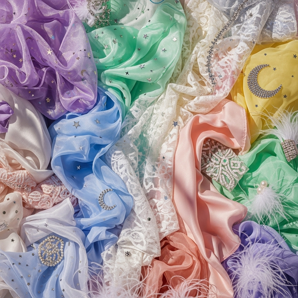 expected trends: 5 styles for ariana grande's tour 2 A collage of ethereal fabrics and pastel colors, representing the expected trends for Ariana Grande's 'eternal sunshine' tour looks.