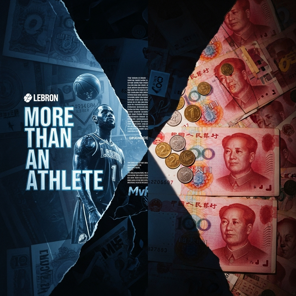 Obvious Sellout Move: 3 Reasons for LeBron's China Piece 3 A collage of LeBron James's 'More Than an Athlete' brand contrasted with Chinese currency, highlighting the conflict behind the obvious sellout move.