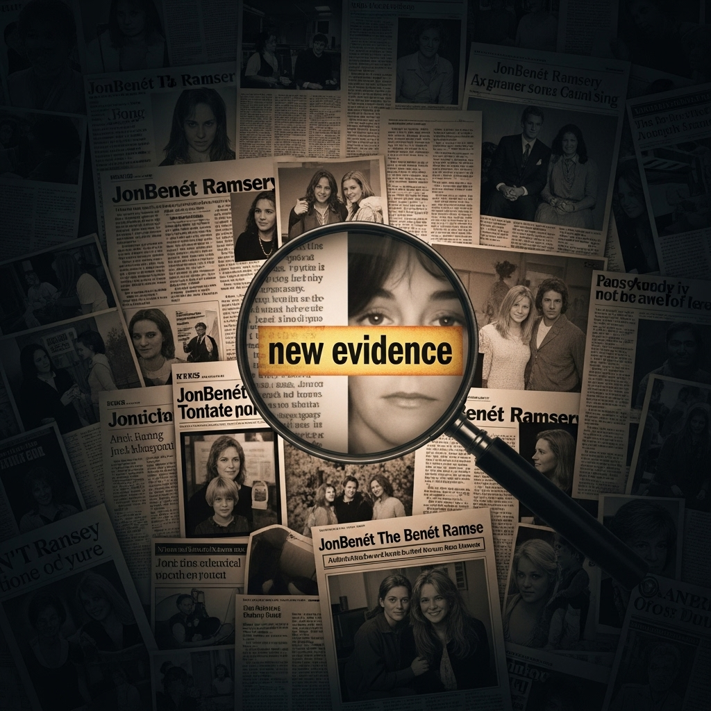 New Evidence: 2 Experts Re-Examine JonBenét Ramsey Case 2 A collage of news clippings about the JonBenét Ramsey case, with a magnifying glass graphic highlighting the phrase new evidence.