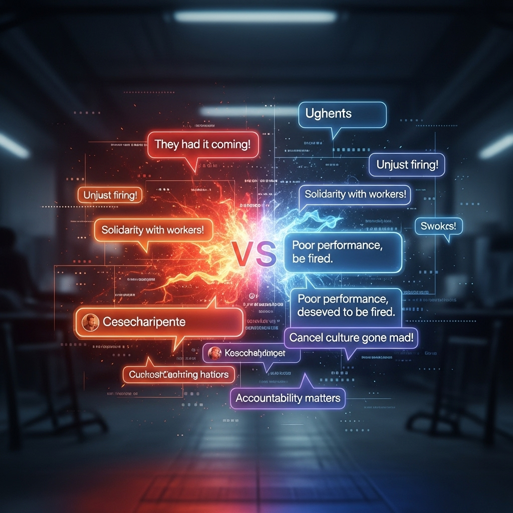 Worker’s Firing: 1 Viral Video of Charlie Kirk Poster Fight 4 A collage of social media comments debating the worker’s firing, showing the polarized public reaction.