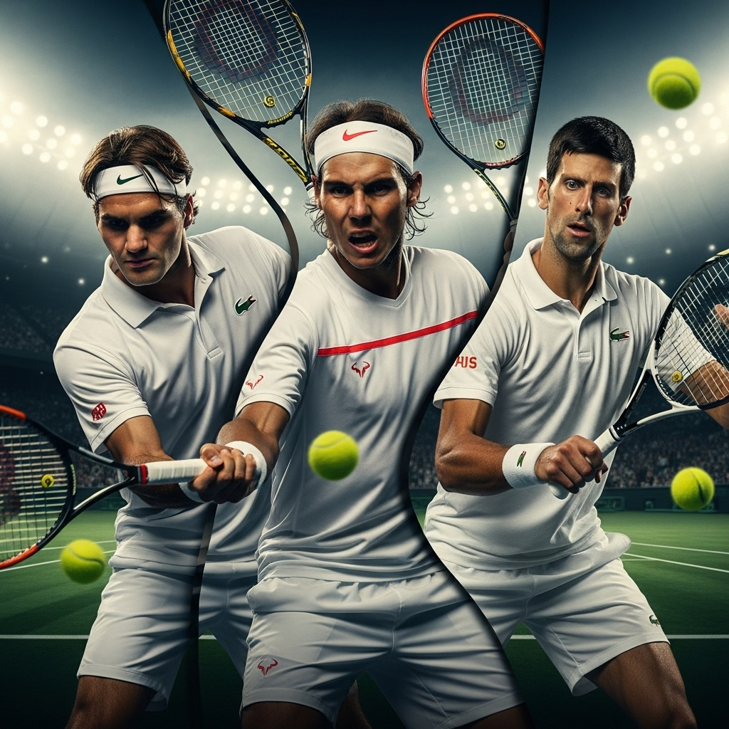 Men's Tennis Legends: How Alcaraz Ranks at Age 22 3 A collage of young men's tennis legends Federer, Nadal, and Djokovic at age 22.