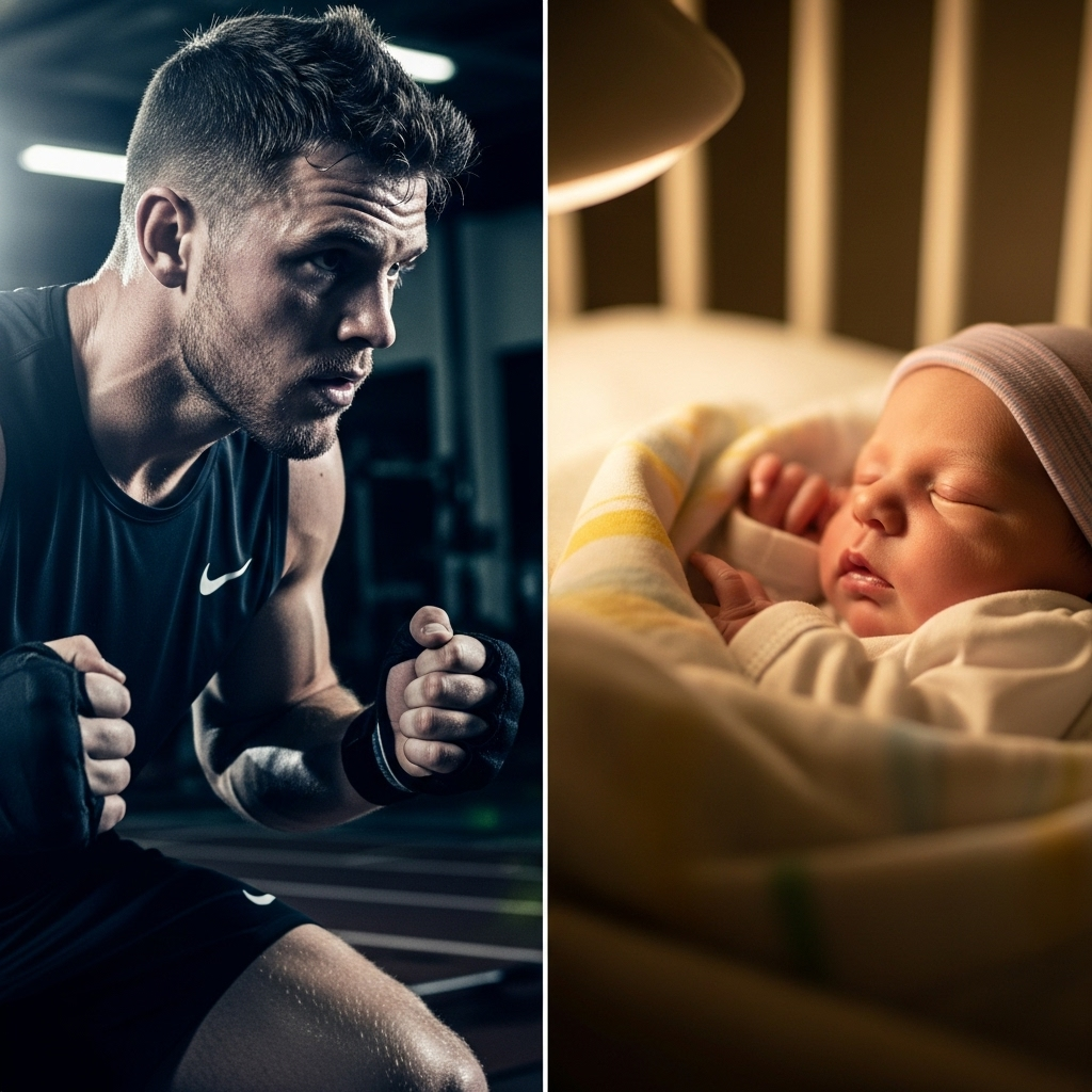 Newborn Discovery: 1 Athlete's Performance Before Shock 2 A collage showing athlete Liam Henderson training and a tender photo of a newborn discovery in a crib.