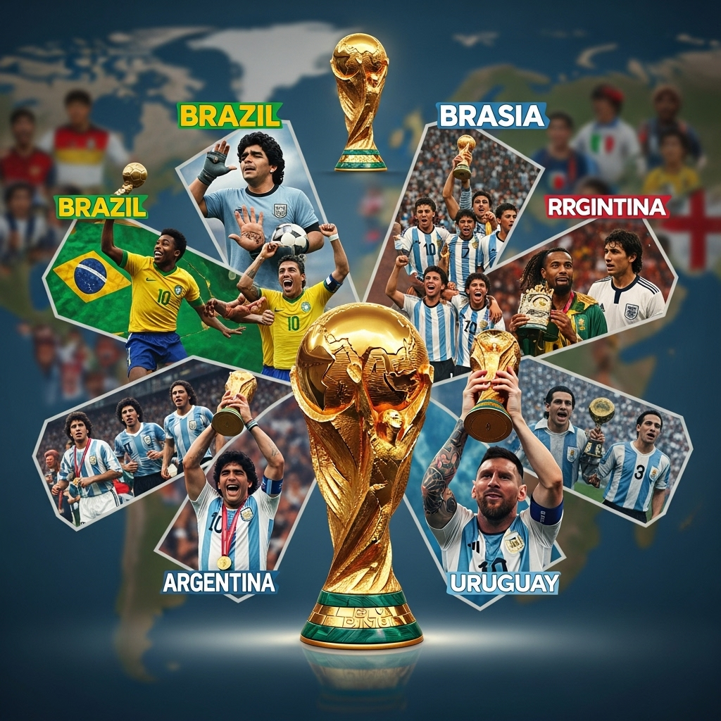 Only two continents have won the 22 FIFA World Cups 2 A collage showing the World Cup victories of Brazil, Argentina, and Uruguay, highlighting the dominance of only two continents.