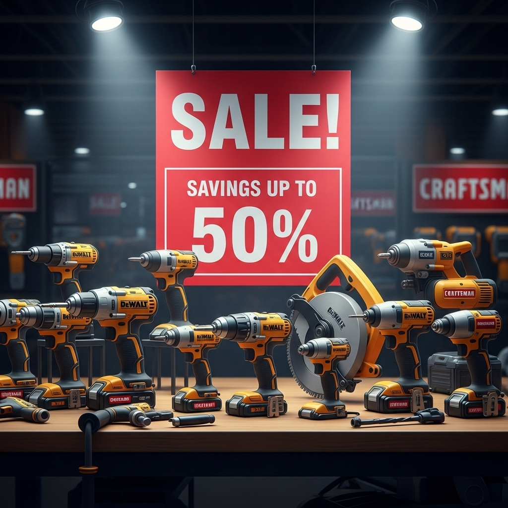 Up to 50% Off Top Tool Deals: DeWalt & Craftsman 2 A collection of DeWalt and Craftsman power tools displayed with a large red sale sign showing savings up to 50%.
