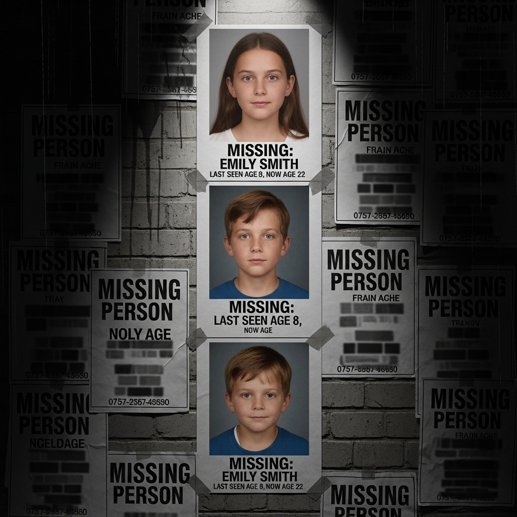 His three children: 4-year search ends in a shoot-out 2 A collection of missing person posters showing age-progressed images of his three children.