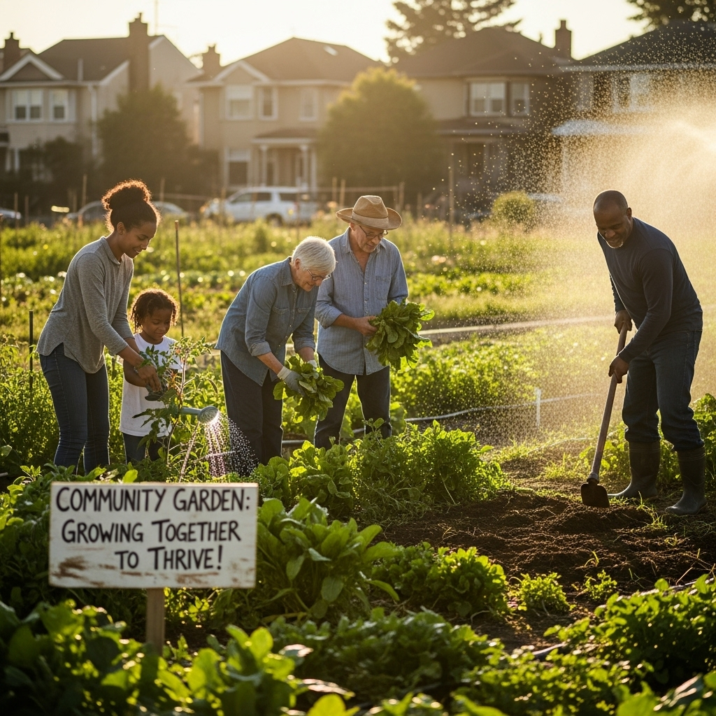 The Global Cost of Living Crisis: 7 Ways Families Cope 4 A community garden where people work together, an image showing how to overcome The Global Cost of Living Crisis: How Families are Navigating Inflation and Economic Uncertainty.